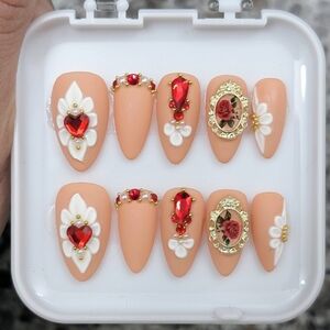 Elegant Floral Nail Art Set with Red Accents